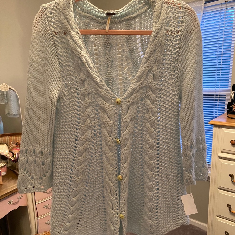 Free people pale blue crochet long cardigan.